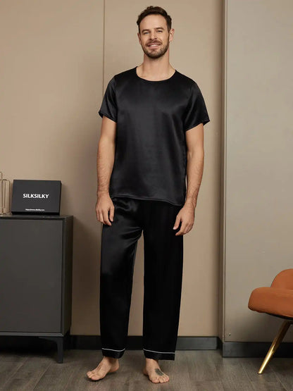 100% Mulberry Silk Short Sleeve Round Neck Men's Pajamas Set with Pants