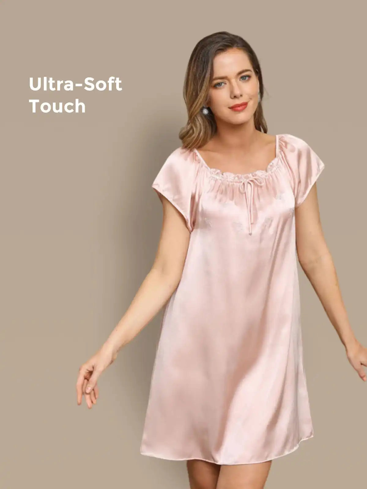 100% Mulberry Silk Cap Sleeve Square Neck Babydoll Short Nightgown