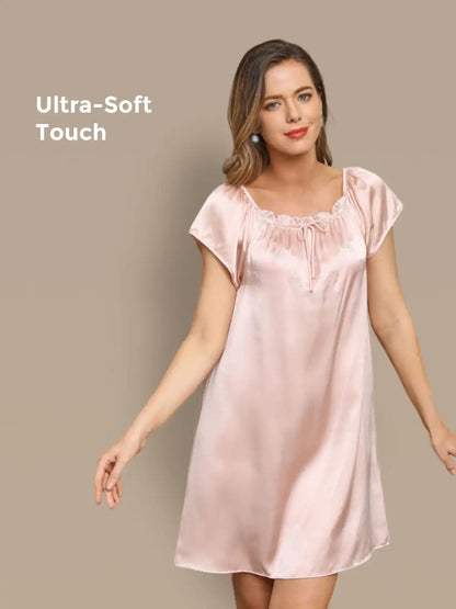 100% Mulberry Silk Cap Sleeve Square Neck Babydoll Short Nightgown