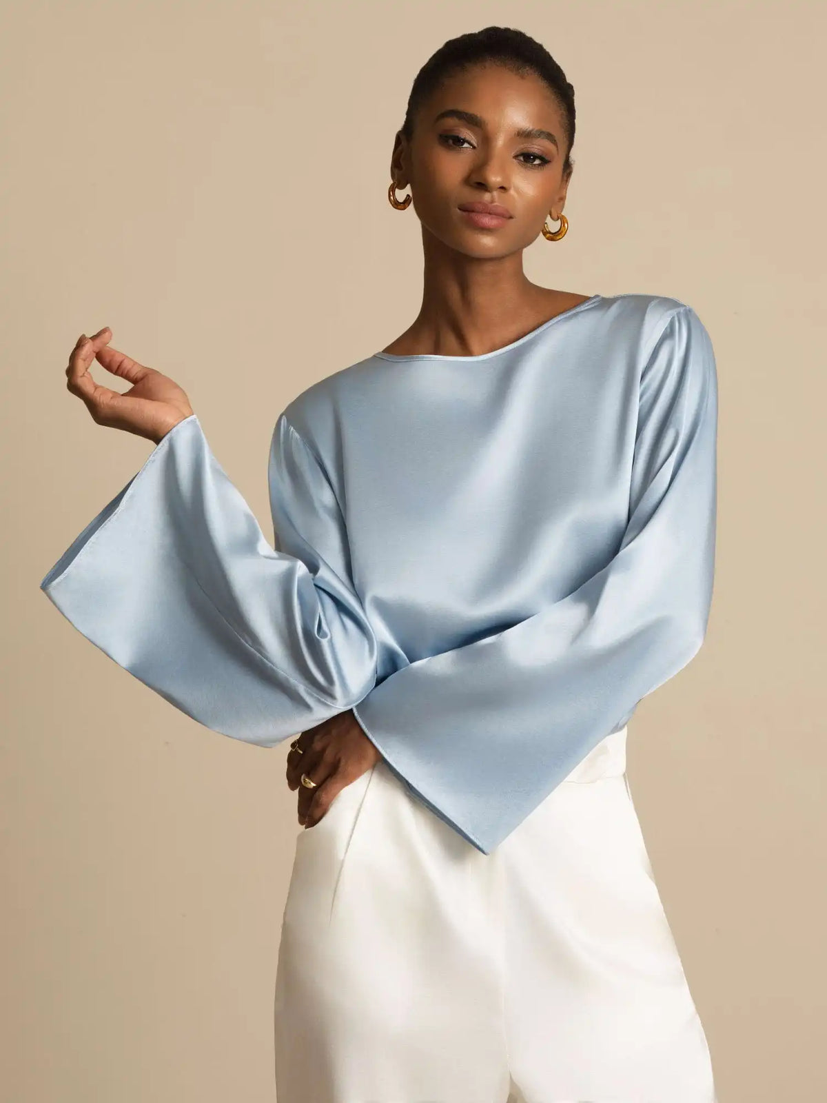 19Momme Silk Bell Sleeve Boat Neck Women's Top