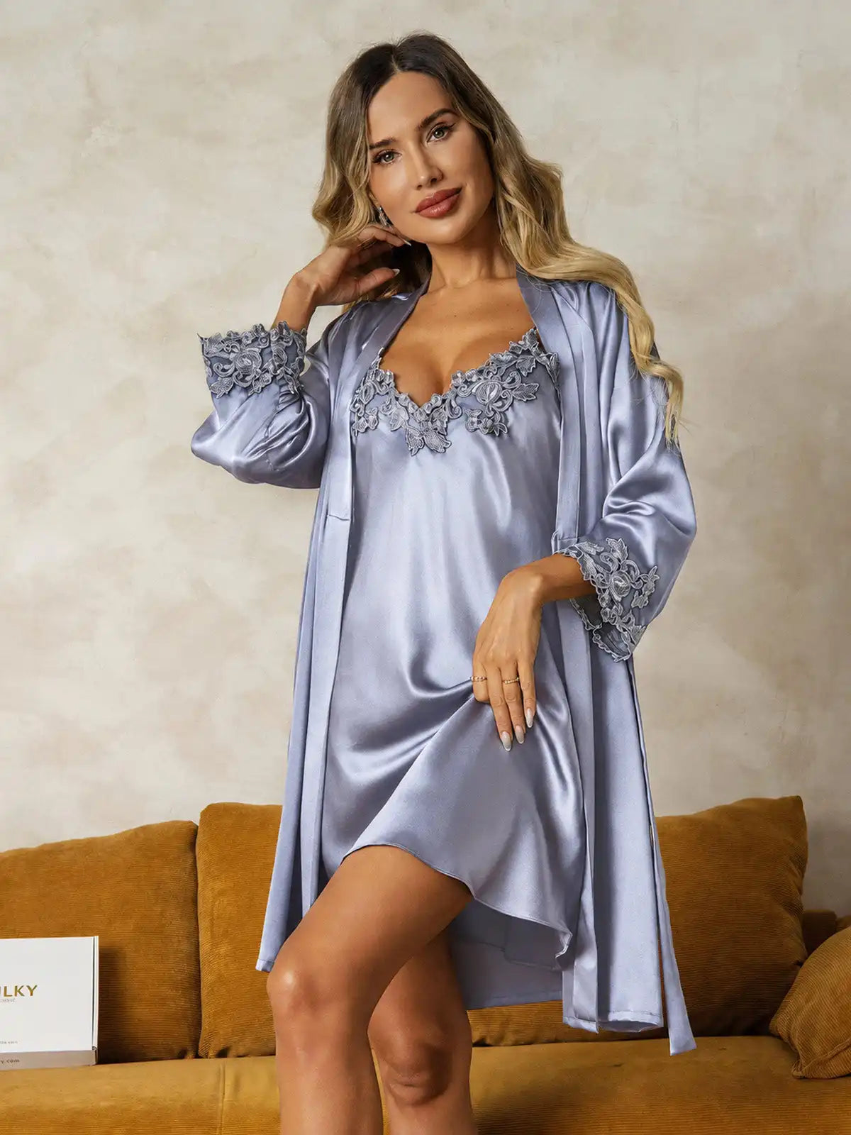 Elegant 100% Mulberry Silk Lace Trim Nightgown & Robe Set 2Pcs
