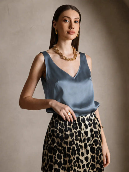 19Momme Silk Sleeveless V Neck Women's Tank Top with V Back Design