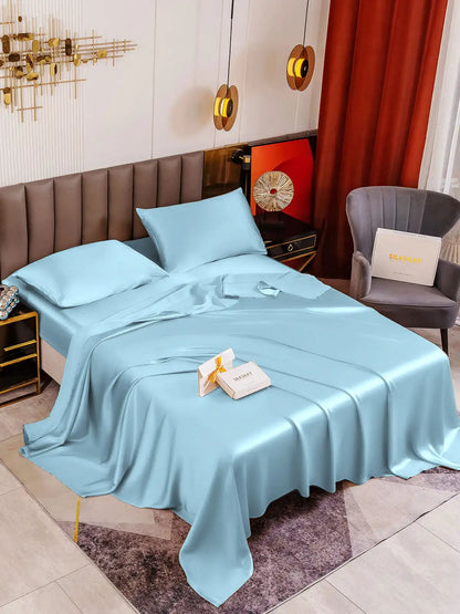 19Momme 4Pcs 100% Mulberry Silk Bedding Set Fitted&Flat Sheets+2x Pillowcases