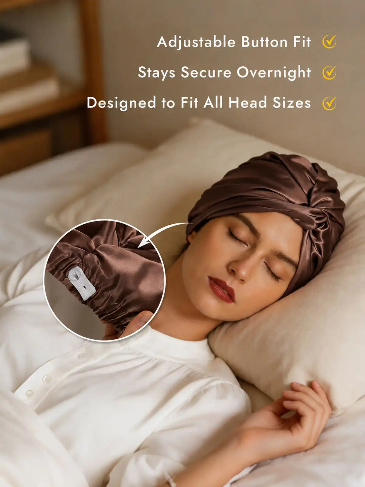 22Momme 100% Mulberry Silk Knot-Front Hair Bonnet with Adjustable Button Design