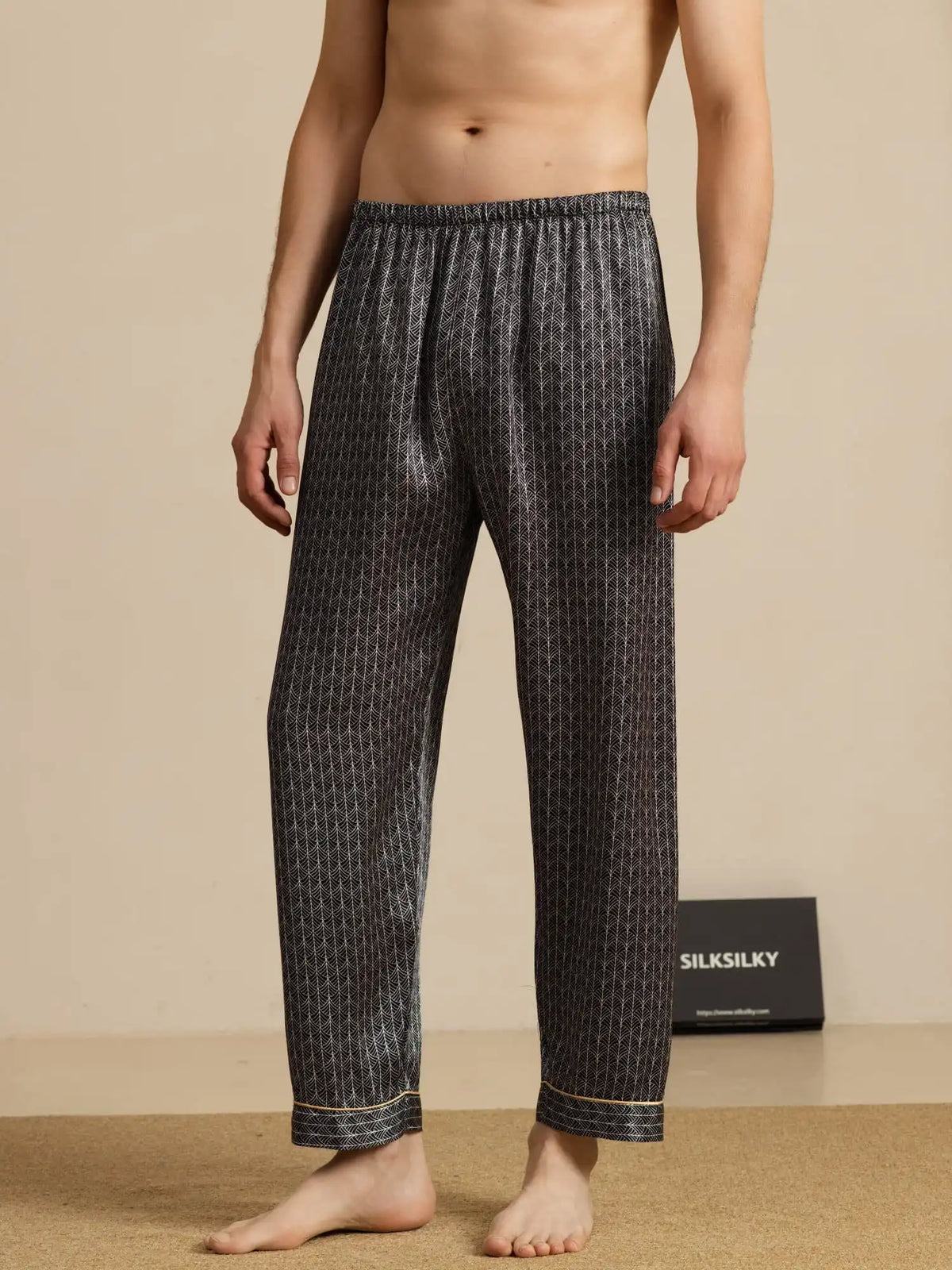 Men's 100% Mulberry Silk Ginkgo Print Sleep Pants with Elastic Waist