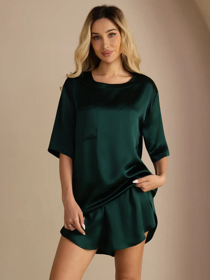 100% Mulberry Silk Short Sleeve Round Neck Women's Pajamas Set