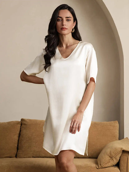 100% Mulberry Silk Half Sleeve V-neck Short Nightgown with Split Design