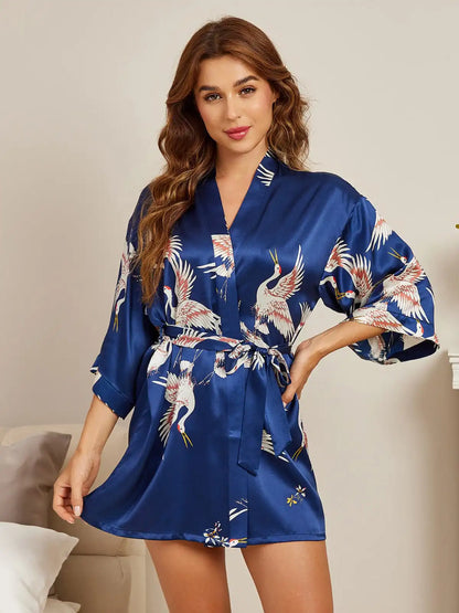 19Momme Women's 100% Mulberry Silk Crane Print 3/4 Sleeve Short Kimono Robe