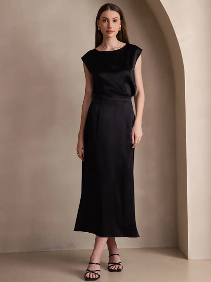 Clearance - 19Momme Silk A Line Maxi Skirt with Zipper Design