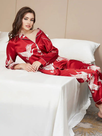 19Momme 100% Mulberry Silk Crane Print Women's Long Sleeve Notch Collar Pajamas Set