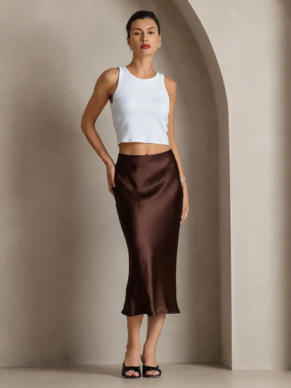100% Mulberry Silk Stretch Long Straight Skirt