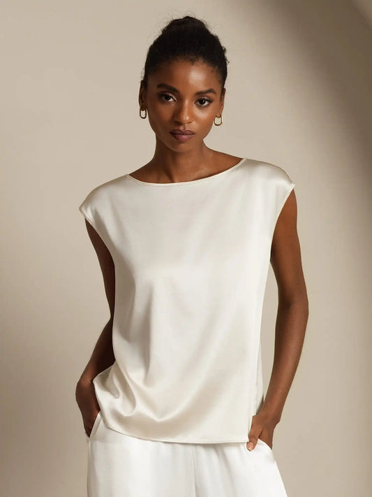 19Momme Silk Cap Sleeve Round Neck Women's Top
