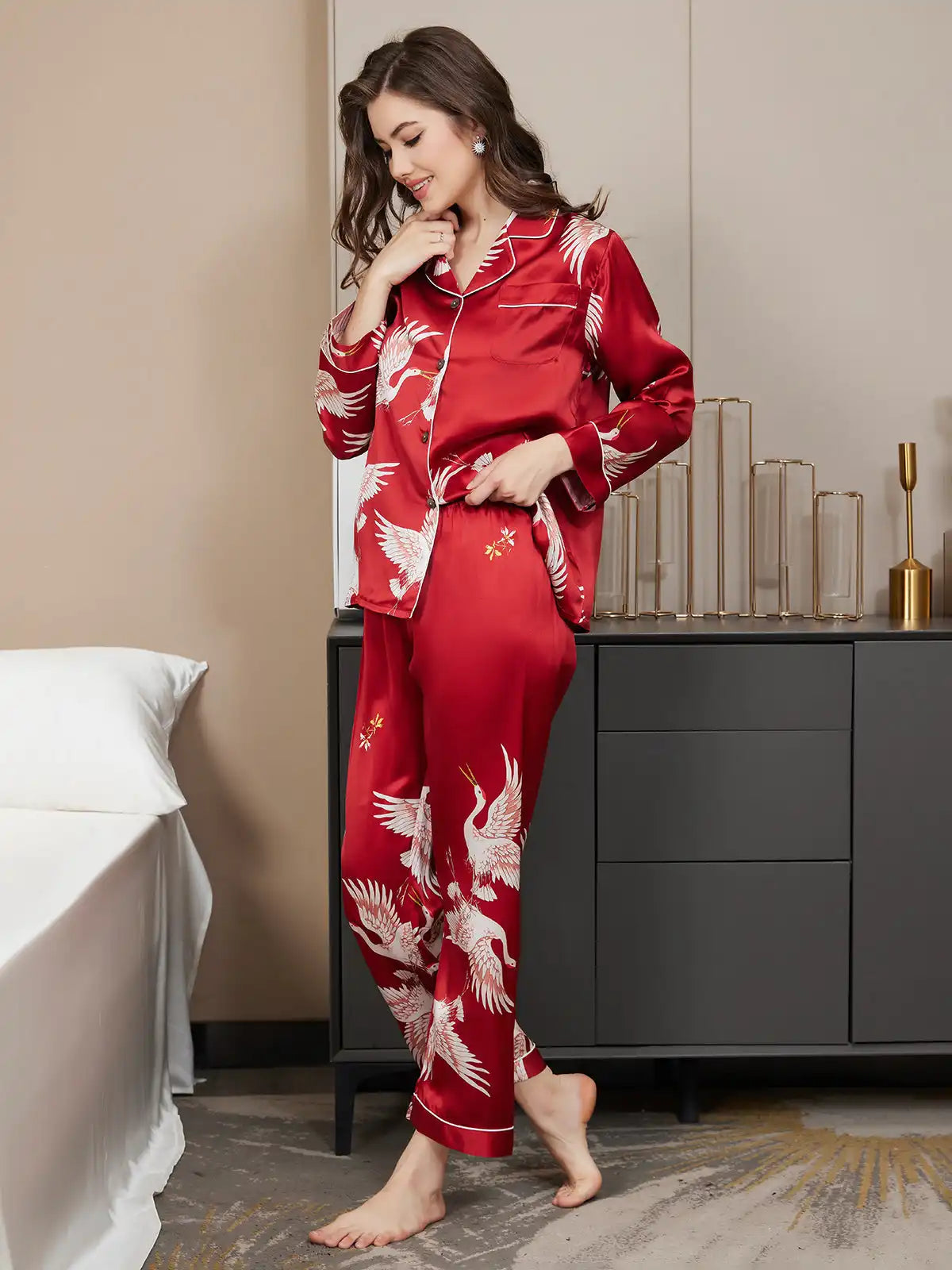 19Momme Women's Crane Print Long Sleeve 100% Mulberry Silk Pajamas Set