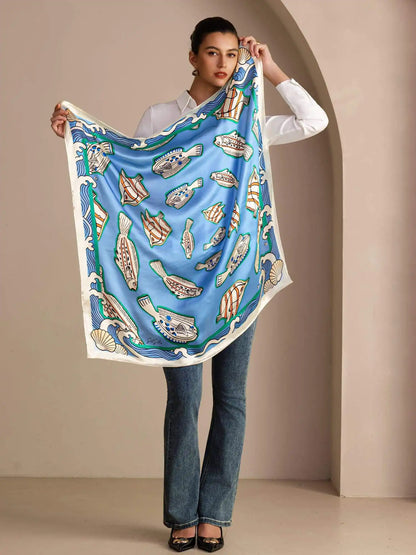 100% Mulberry Silk Fish Pattern Scarf - Size 90x90cm