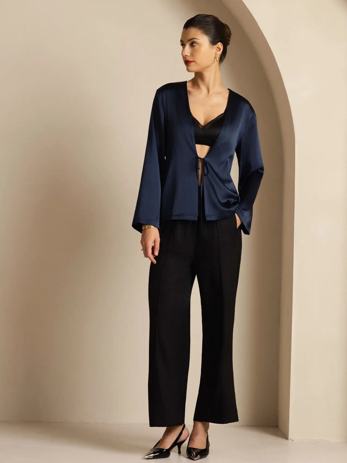 19Momme Silk Relaxed Long Sleeve Tie-Front Cardigan for Women
