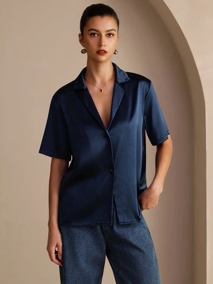 19Momme Silk Short Sleeve Notched Lapel Women's Shirt with Button Up Design