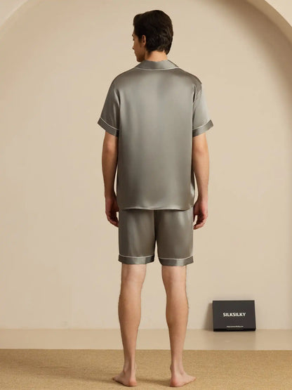 100% Mulberry Silk Short Sleeve Notch Collar Men's Pajamas Set with Shorts
