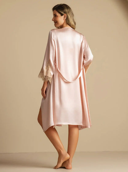 100% Mulberry Silk V Neck Short Nightgown&Robe Set with Lace Design