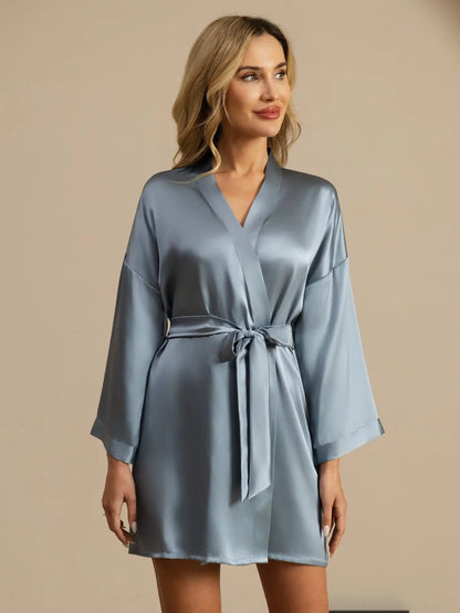 100% Mulberry Silk Short Women's Kimono Robe with Wrap Design