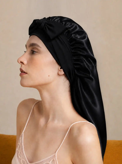 100% Mulberry Silk Double-Layer Long Bonnet with Adjustable Long Tie