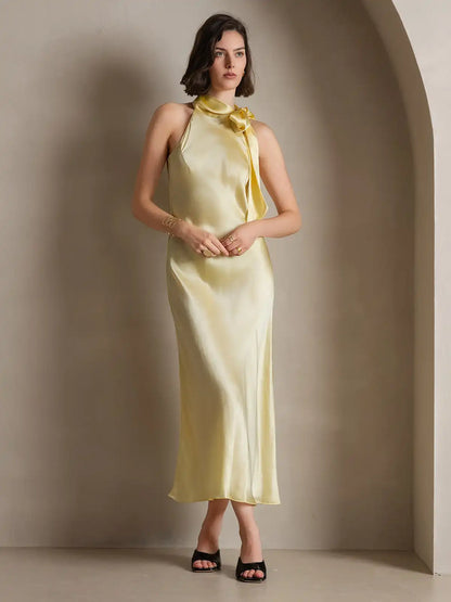 Clearance - 19Momme Silk Sleeveless Tie Neck Midi Dress
