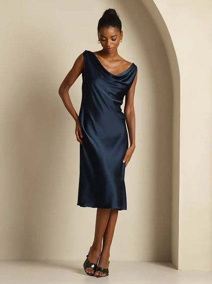 19Momme Silk Sleeveless Cowl Neck Knee Elegant Dress