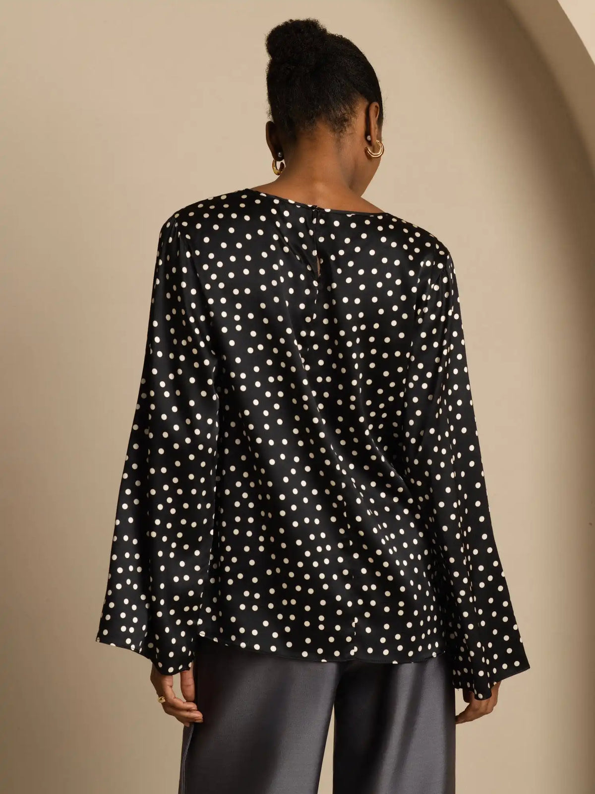 19Momme Women's Silk Polka Dot Print Bell Sleeve Boat Neck Top
