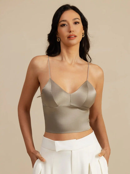 19Momme Silk Crop Top Spaghetti Strap V Neck Camisoles with Built-in Bra