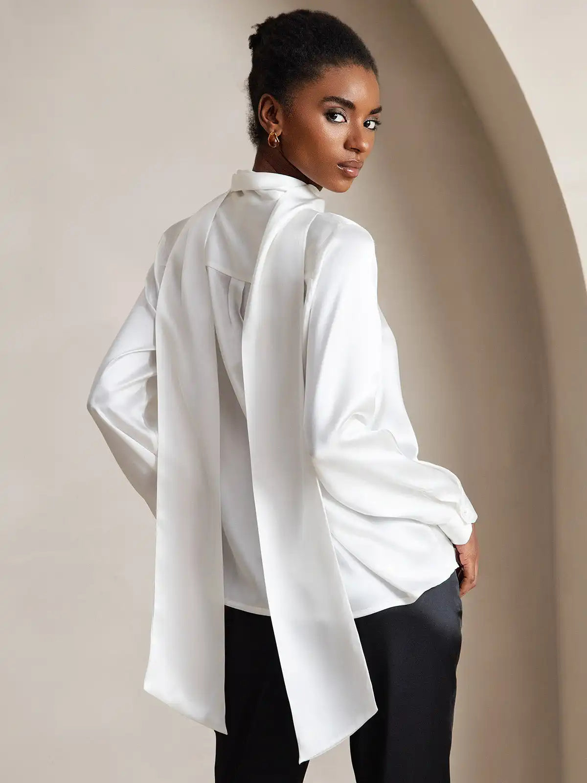 19Momme Silk Long Sleeve High Neck Bow Tie Blouse