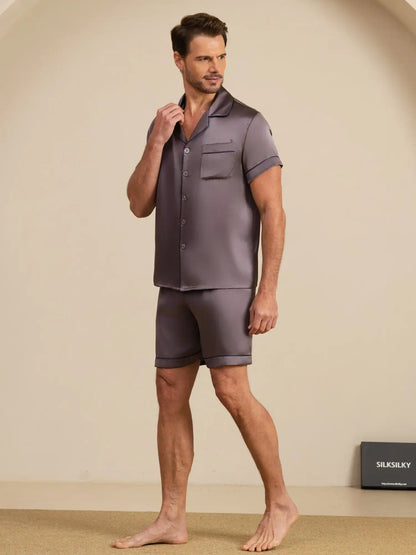 100% Mulberry Silk Short Sleeve Notch Collar Men's Pajamas Set with Shorts