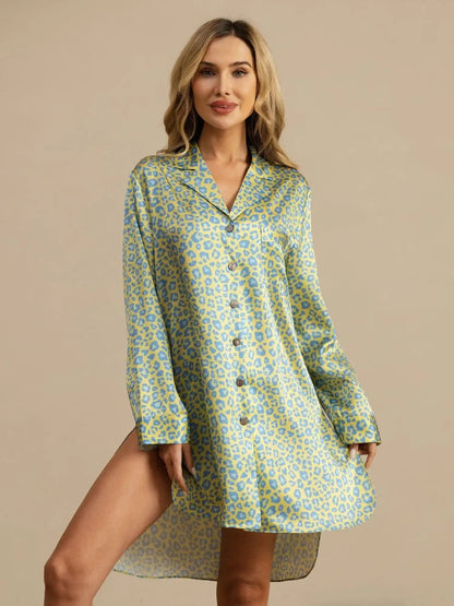 Clearance - 19Momme Pure Silk Women's Leopard Print Nightshirt with High-Low Hem