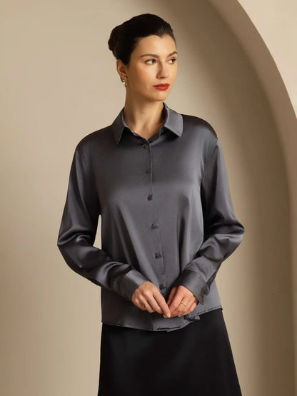 19Momme Silk Long Sleeve Lapel Collar Women's Shirt