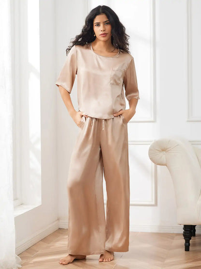 Women's 100% Mulberry Silk Half Sleeve Round Neck Pajamas Set