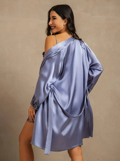 100% Mulberry Silk Spaghetti Strap Lace Nightgown & Robe Set