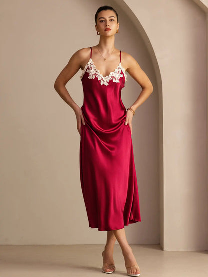100% Mulberry Silk Spaghetti Strap V Neck Midi Dress with Lace V-Back Design