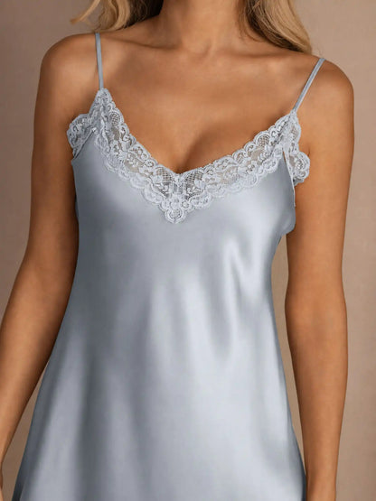 100% Mulberry Silk Elegant Slip Lace Trim V Neck Short Nightgown