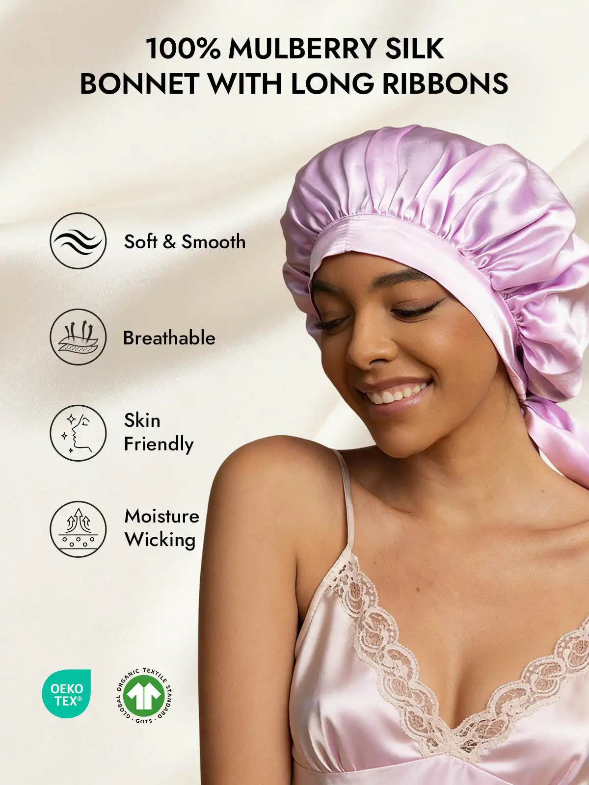100% Mulberry Silk Elegant Bonnet with Long Ribbons