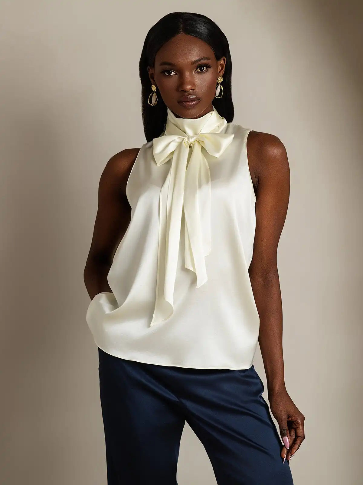 19Momme Silk Sleeveless Tie Neck Blouse