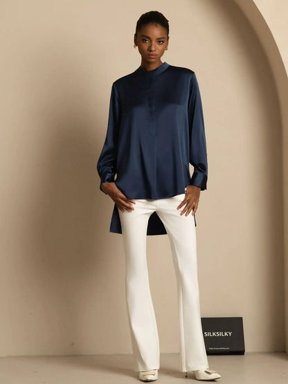 19Momme Silk Women’s  Stand Collar High-Low Blouse With Button Detail