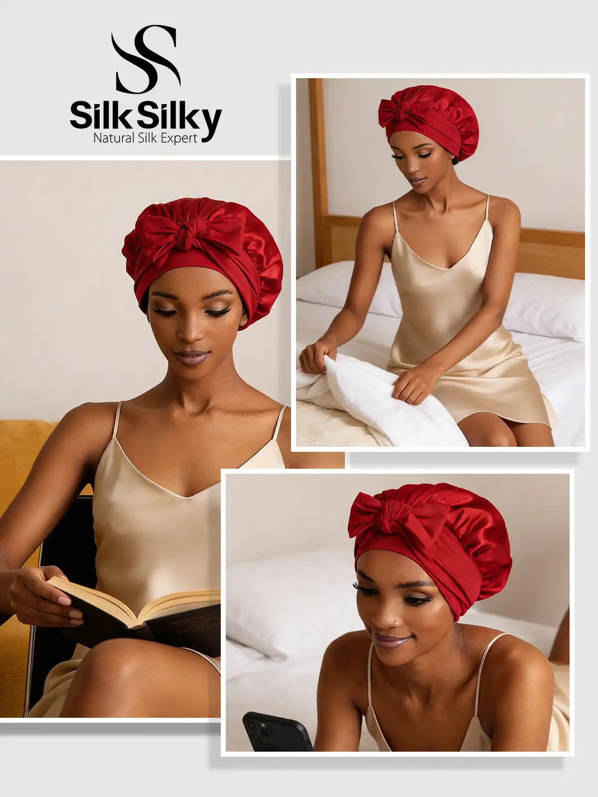 100% Mulberry Silk Bonnet Bowknot Tie Sleep Cap for Hair Protection