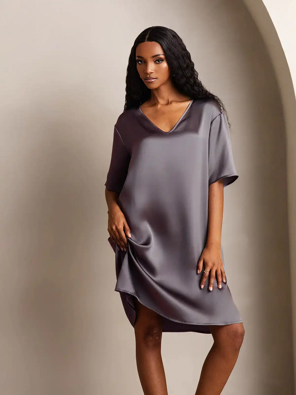 100% Mulberry Silk Half Sleeve V-neck Short Nightgown with Split Design