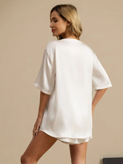 100% Mulberry Silk Short Sleeve Round Neck Women's Pajamas Set
