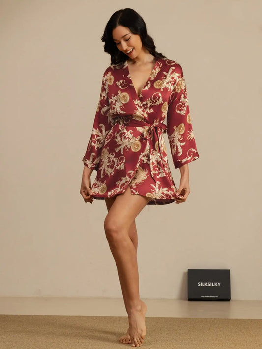 Clearance - 100% Mulberry Silk Dragon Print 3/4 Sleeve Women's Kimono Robe With Belt