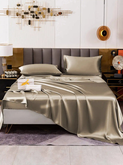 19Momme 4Pcs 100% Mulberry Silk Bedding Set Fitted&Flat Sheets+2x Pillowcases