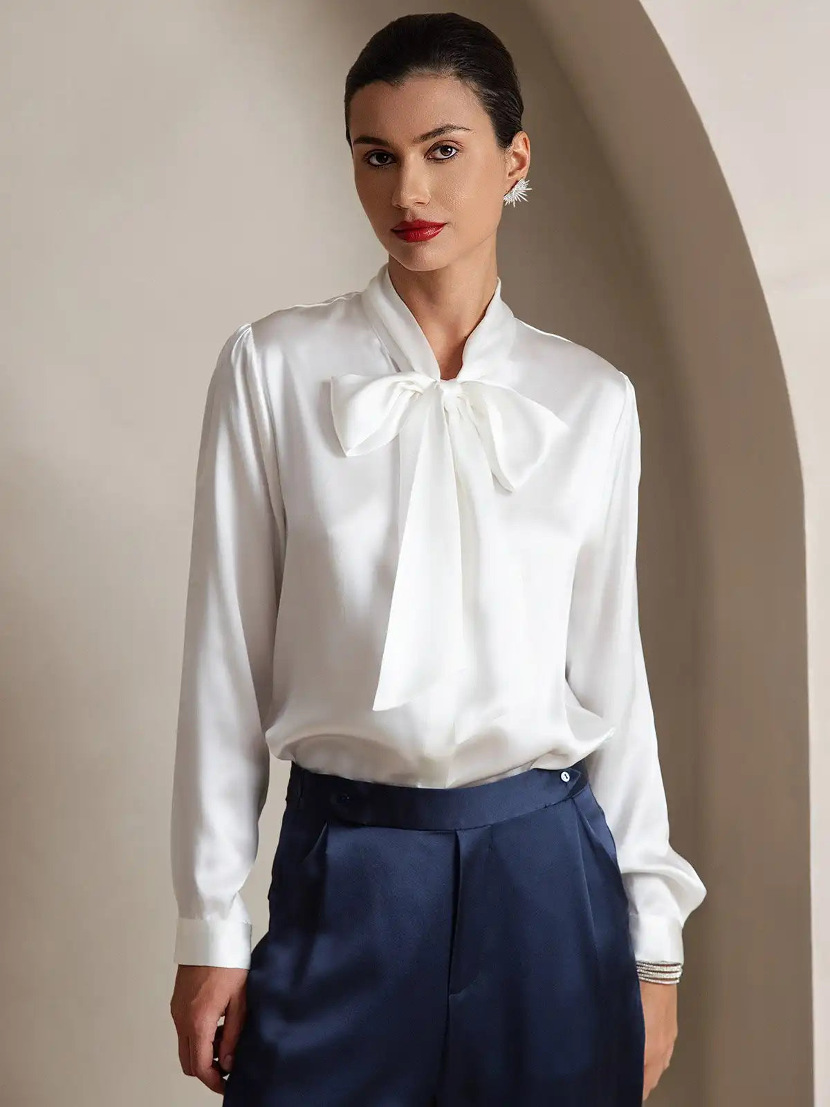 Elegant 19Momme Silk Long Sleeve Tie Neck Blouse