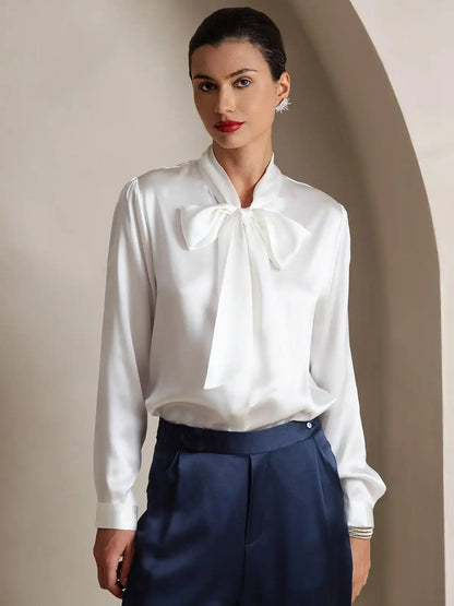 Elegant 19Momme Silk Long Sleeve Tie Neck Blouse