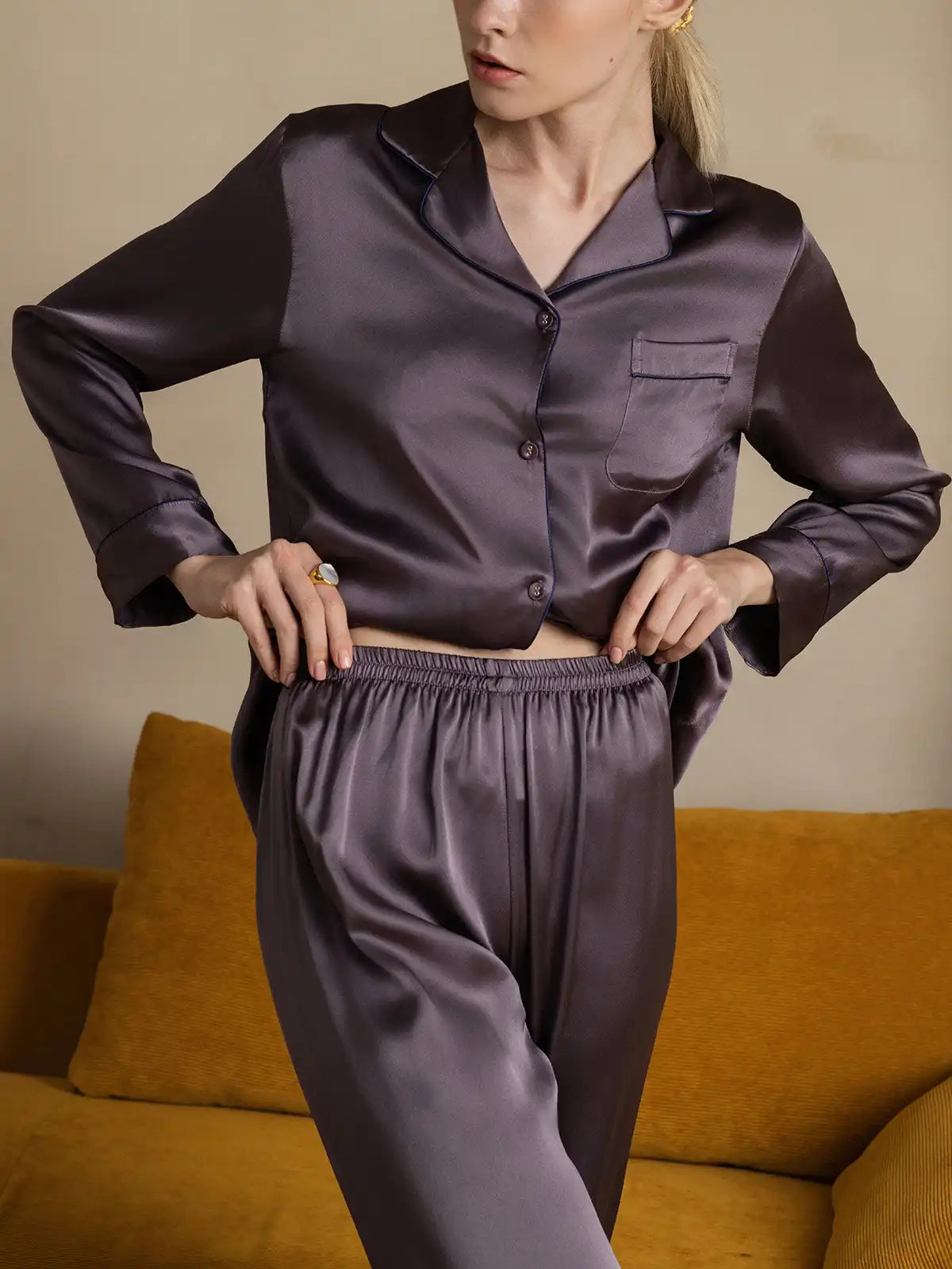 Women's 100% Mulberry Silk Long Sleeve Button Up Pajamas Set