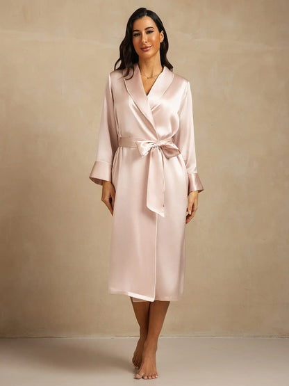 100% Mulberry Silk Belted Women's Long Lapel Robe with Pocket Design