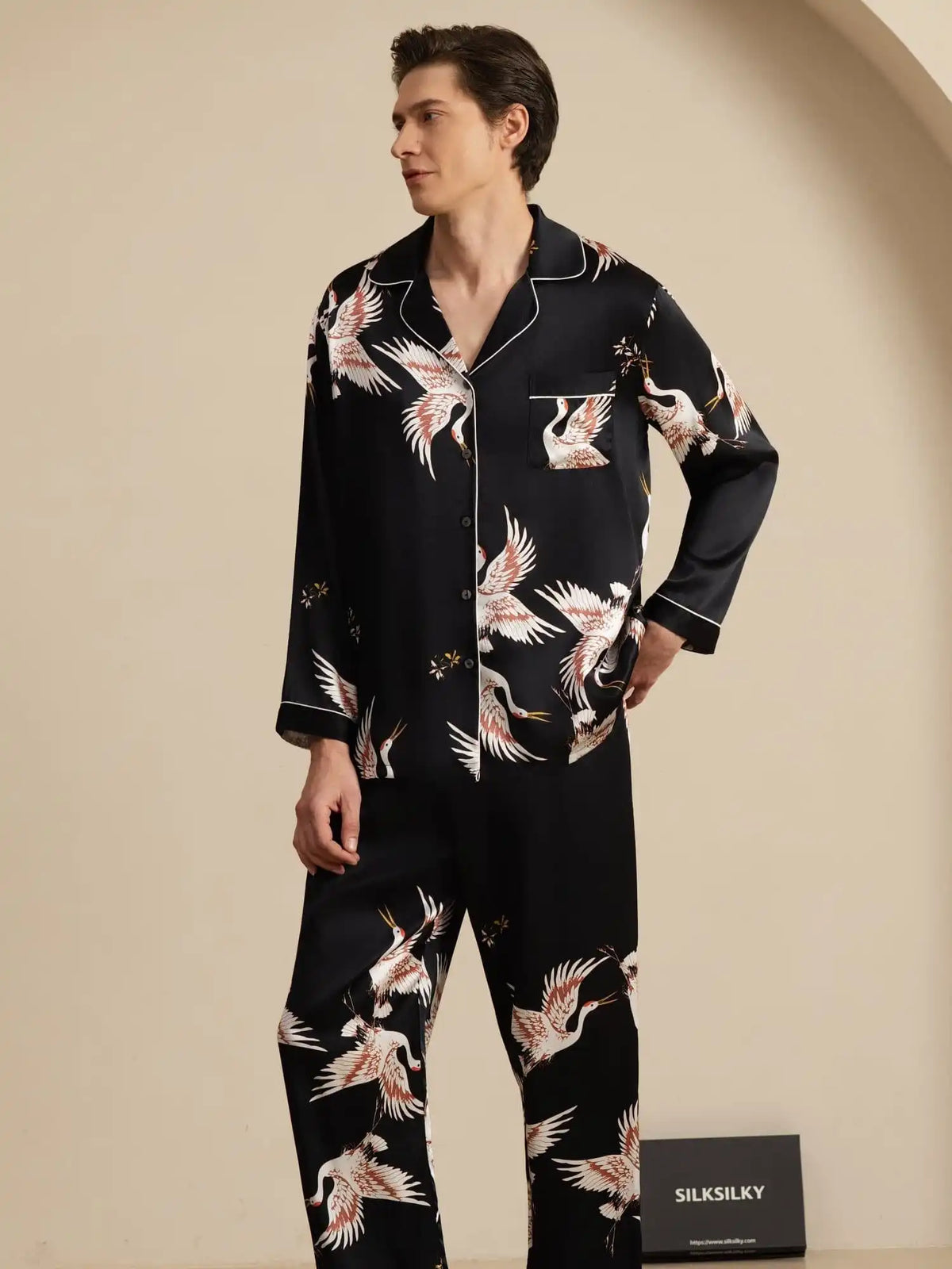 Clearance - 19Momme 100% Mulberry Silk Men's Crane Print Long Sleeve Notch Collar Pajamas Set