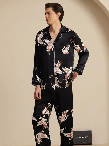 Clearance - 19Momme 100% Mulberry Silk Men's Crane Print Long Sleeve Notch Collar Pajamas Set